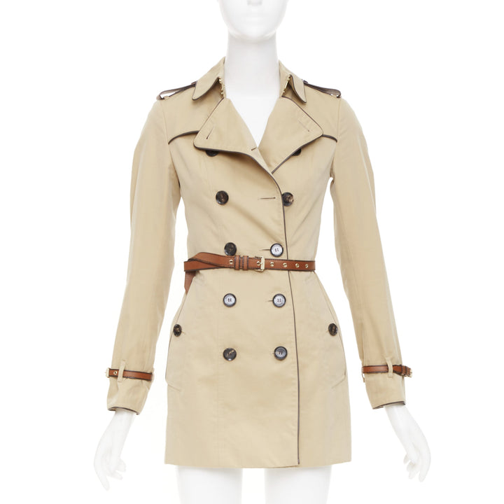 BURBERRY 2012 leather piped double breasted belted short trench coat IT36 XXS