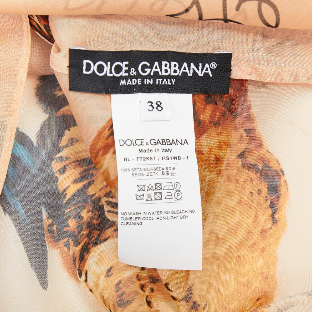 DOLCE GABBANA 100% silk beige chiken hen print sheer ruffled blouse IT38 XS