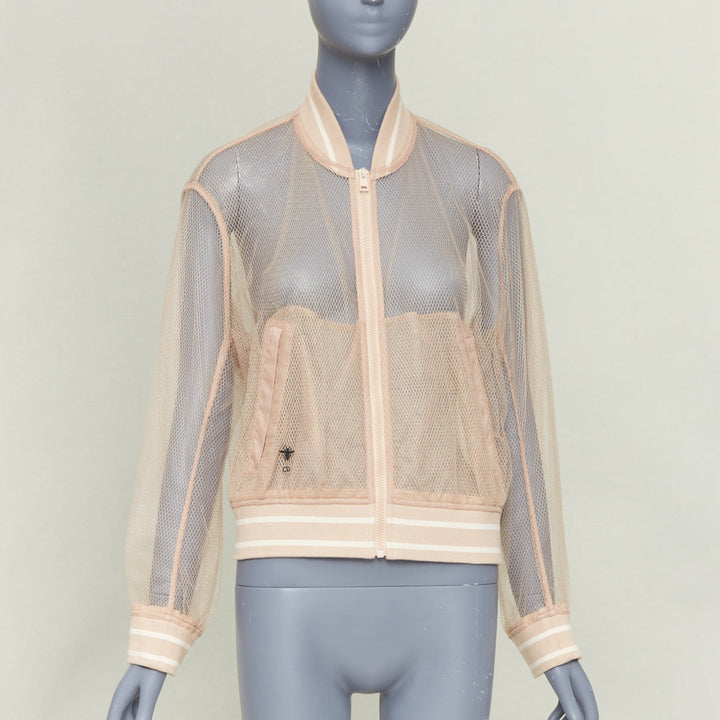 DIOR 2020 beige metallic mesh overlay sheer striped ribbed CD bomber jacket