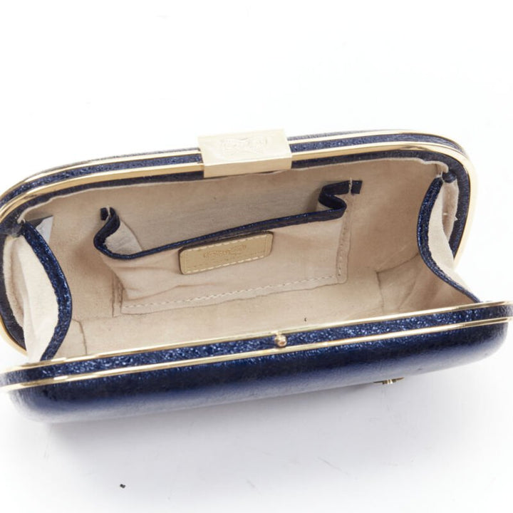 rare ANYA HINDMARCH Marano Music Box metallic blue leather gold frame box clutch