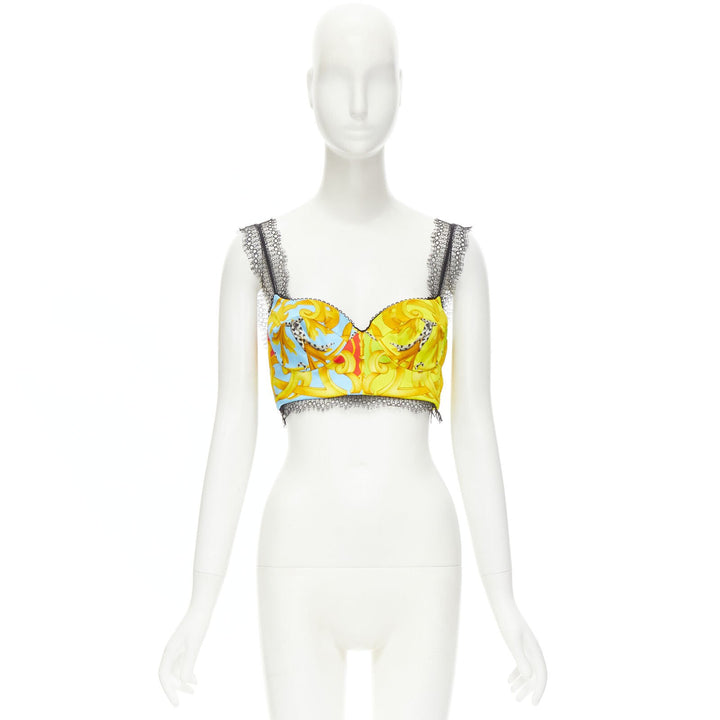 VERSACE Barocco Acanthus Pop print lace trim boned bustier bra top IT38 XS