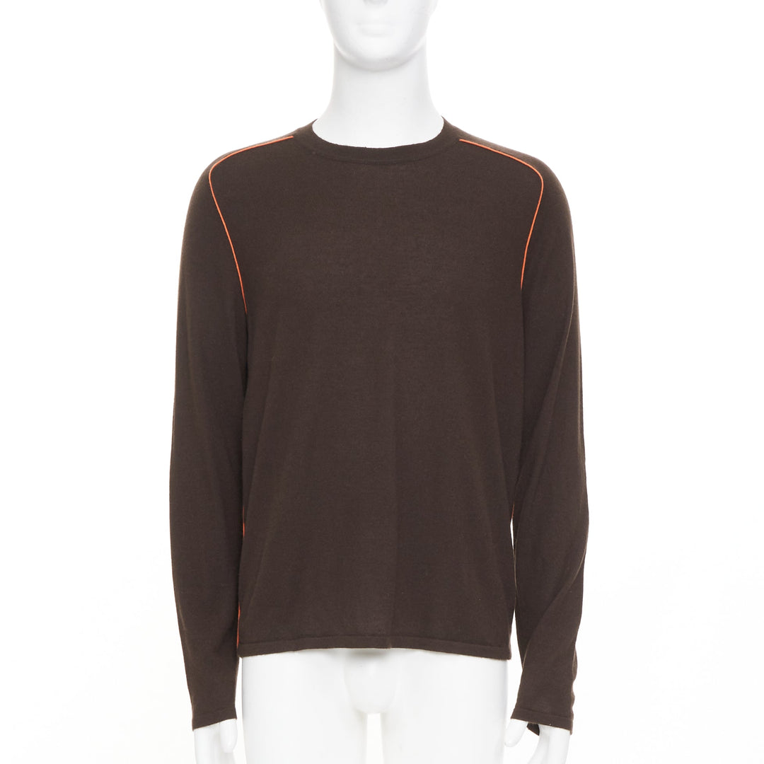 HERMES Vintage 100% cashmere brown contrast orange piping knit crew sweater M