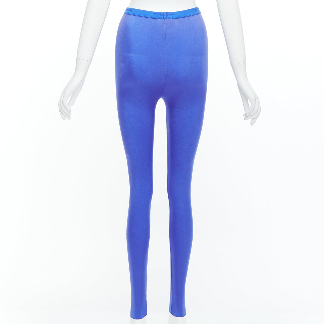 CHANEL cobalt blue crystal CC logo coco waistband leggings FR34 XS