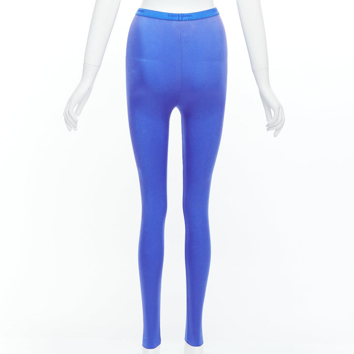 CHANEL cobalt blue crystal CC logo coco waistband leggings FR34 XS