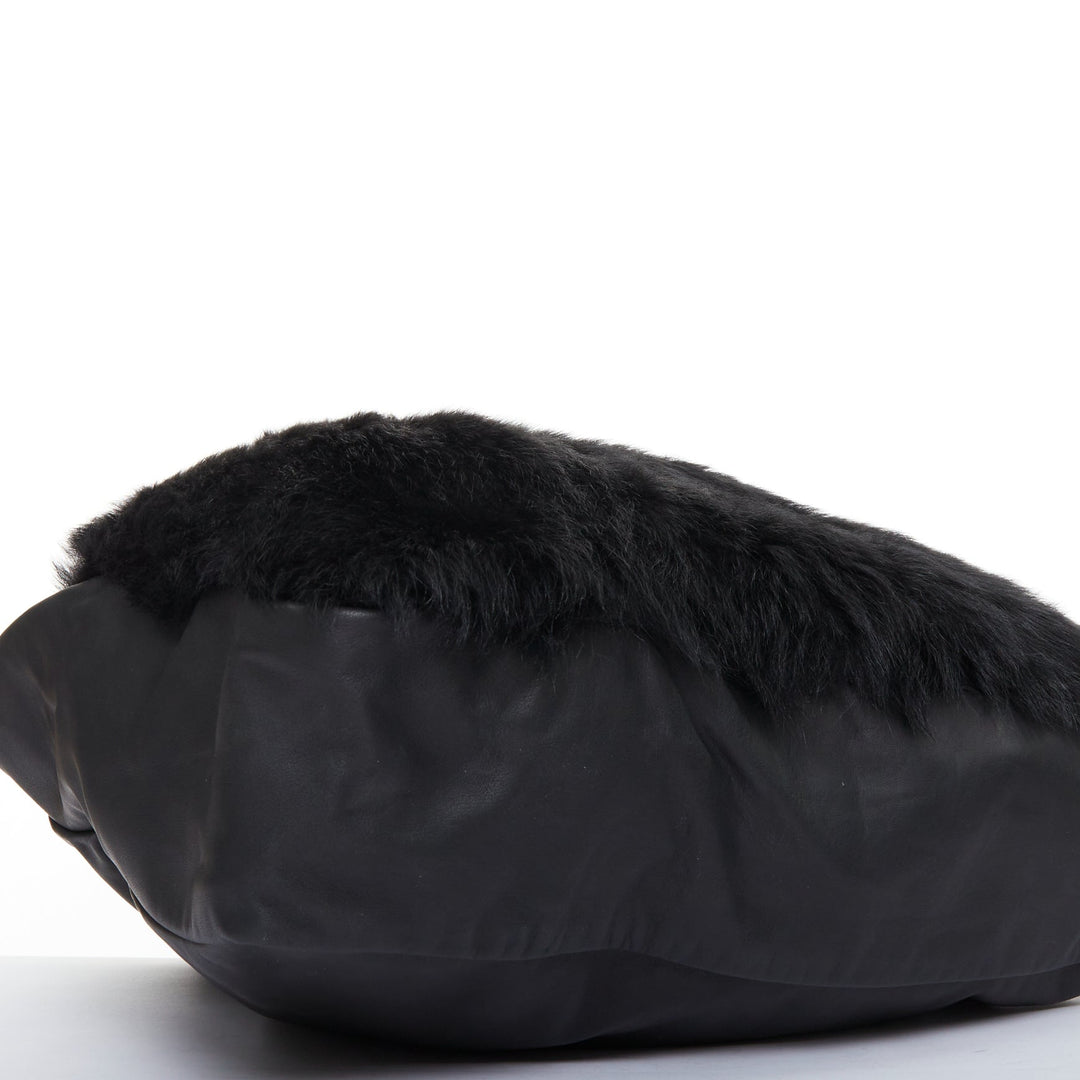 PETER DO black shearling fur supple soft leather white logo shoulder tote bag