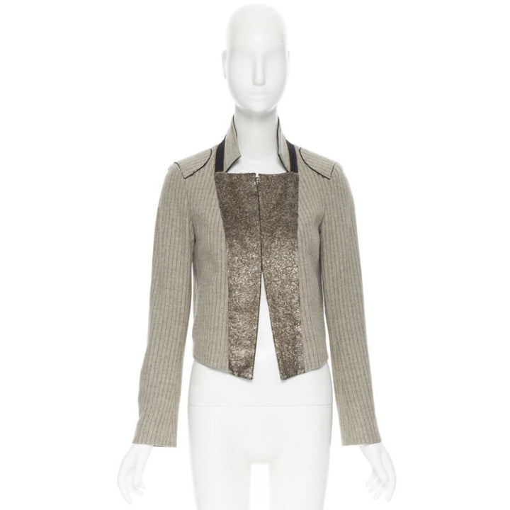 vintage CHLOE grey wool herringbone sequins collar cropped military jacket Fr34