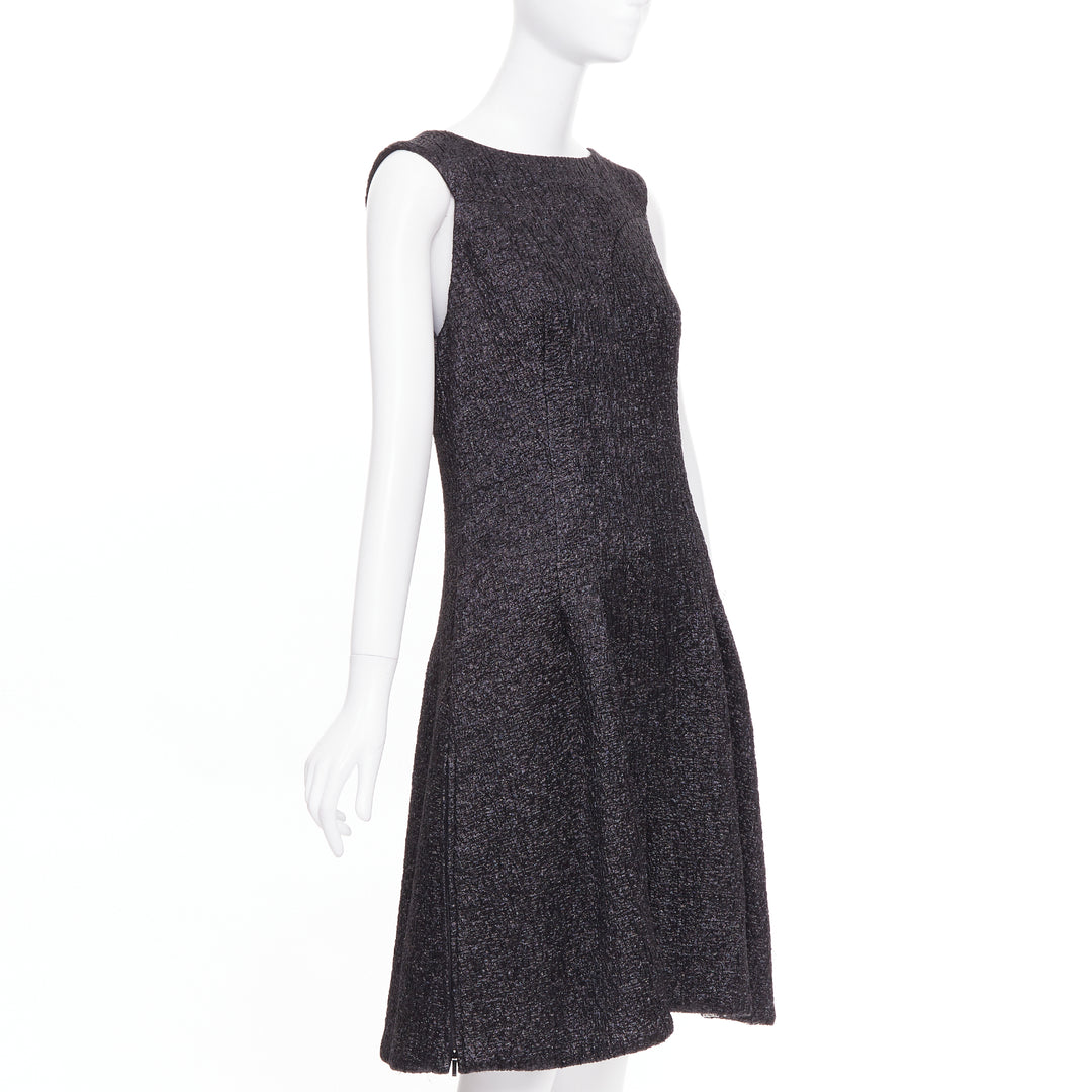 CHANEL 2016 Runway gunmetal glitter black pleated tweed sleeveless dress FR42 L