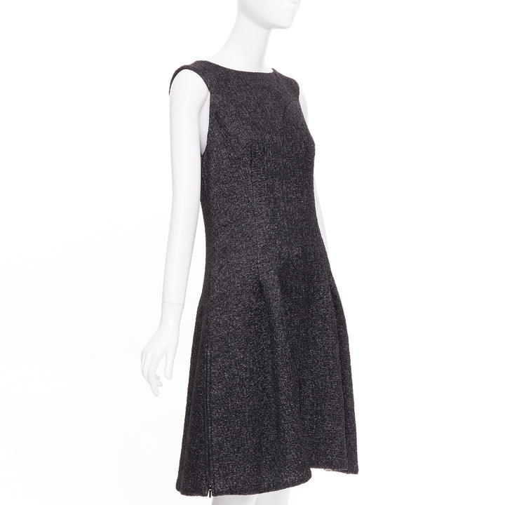 CHANEL 2016 Runway gunmetal glitter black pleated tweed sleeveless dress FR42 L