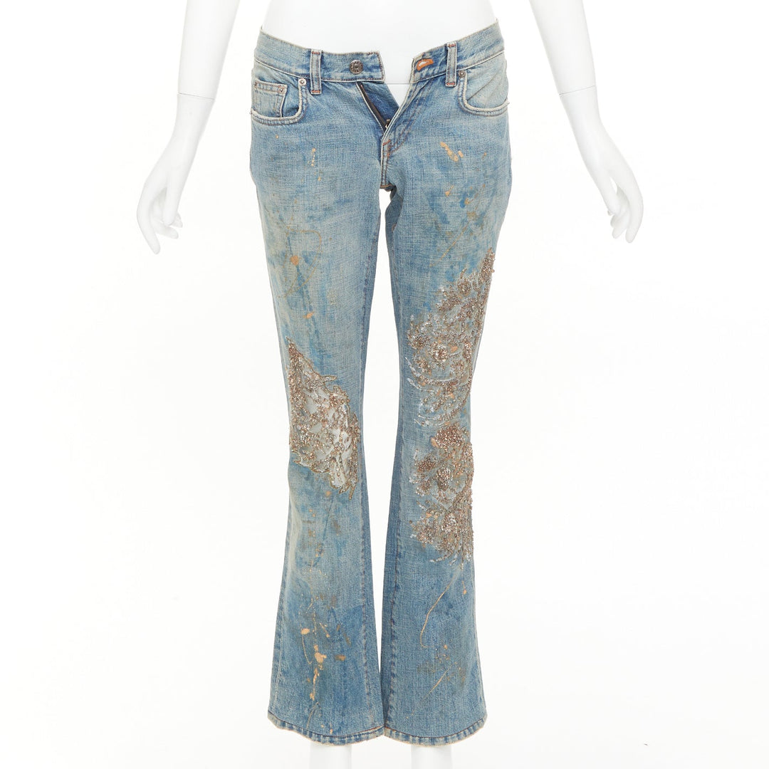 RALPH LAUREN Purple Label gold painted sequins splash floral flared jeans 26"