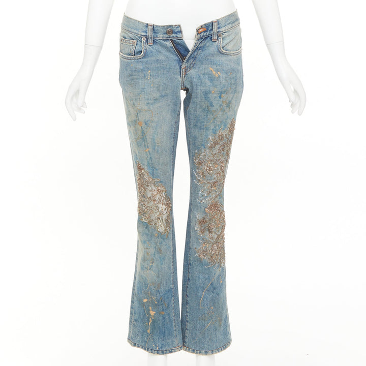 RALPH LAUREN Purple Label gold painted sequins splash floral flared jeans 26"