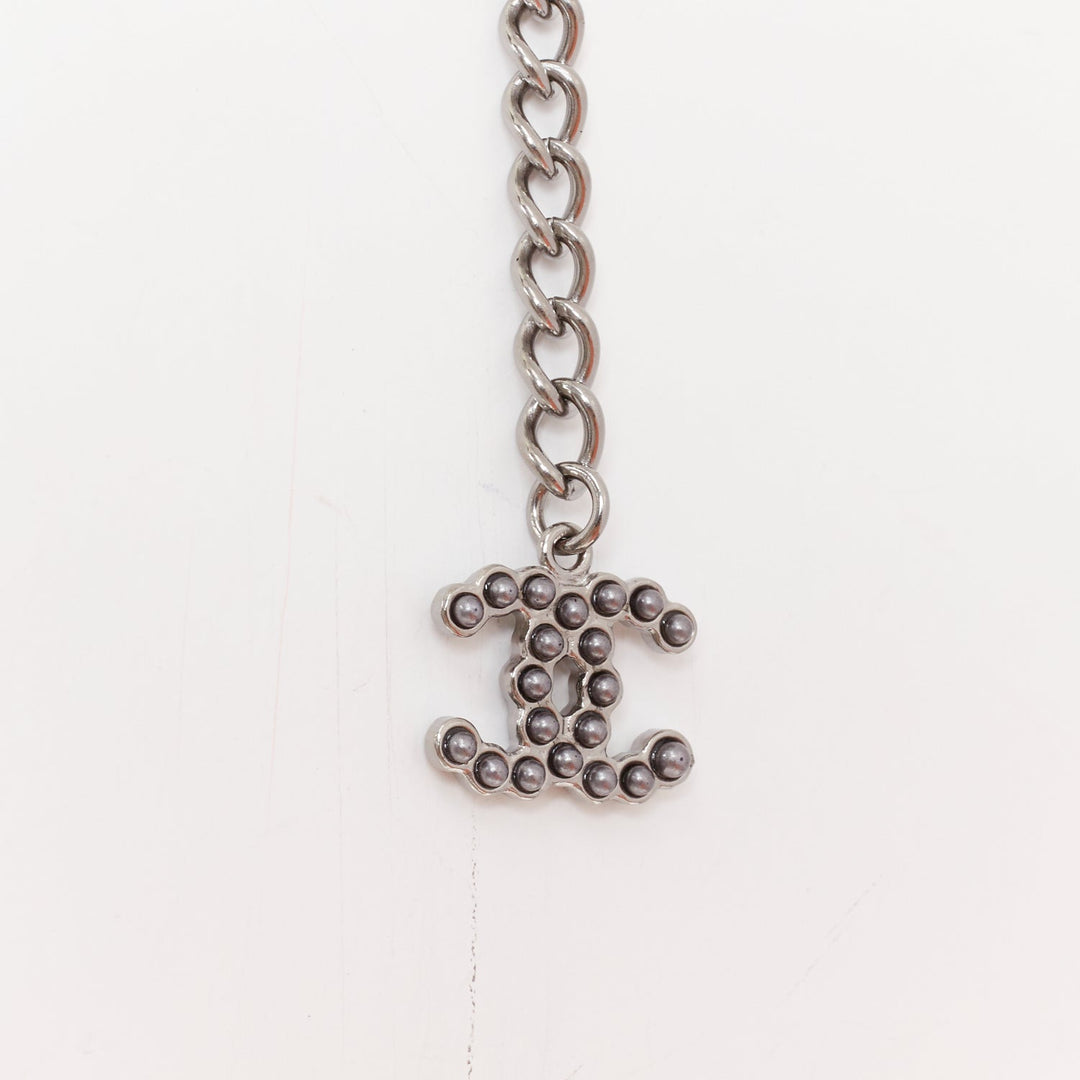 CHANEL B15P CC grey ruthenium metallic glass pearl long strand sautoir necklace