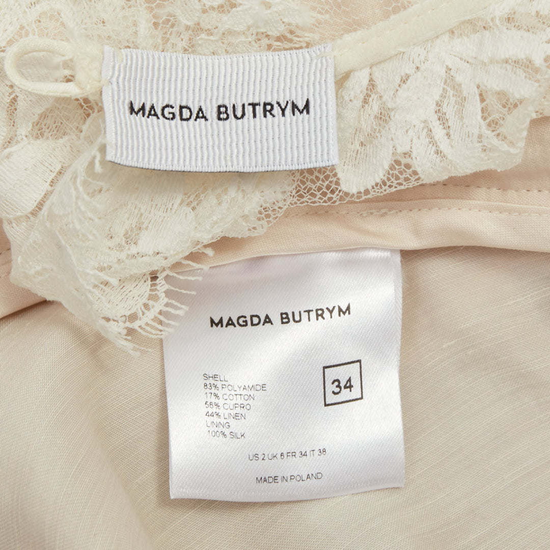 MAGDA BUTRYM Bridal Floral white lace ruffle draped satin mini dress FR34 XS