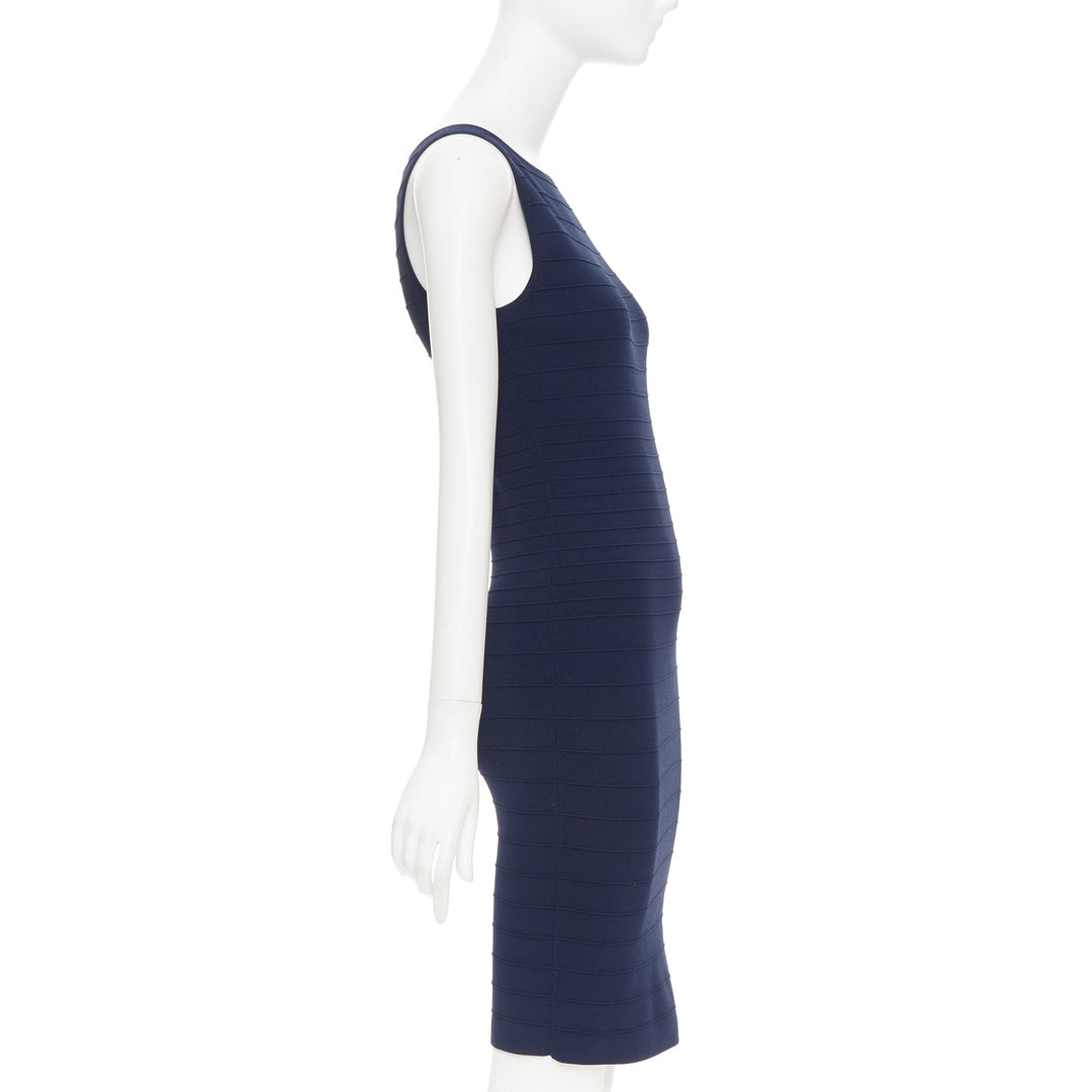 DONNA KARAN navy viscose blend bateau neck bandage bodycon dress S