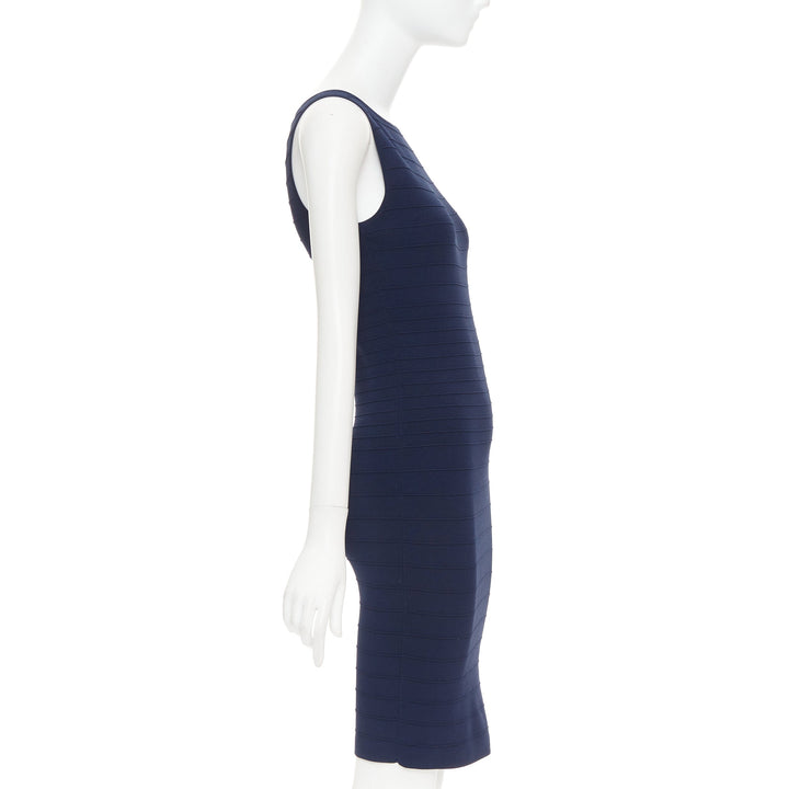 DONNA KARAN navy viscose blend bateau neck bandage bodycon dress S