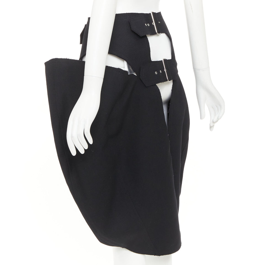 rare COMME DES GARCONS 2019 black wool multi buckle cut out pannier skirt XS