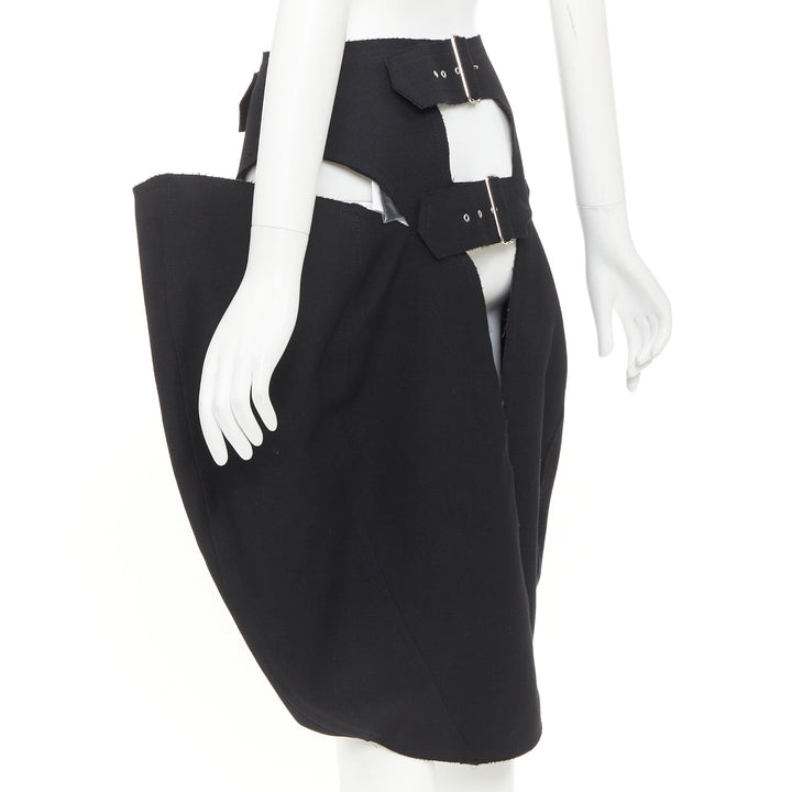 rare COMME DES GARCONS 2019 black wool multi buckle cut out pannier skirt XS