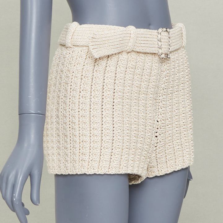 CHANEL 2025 Runway beige chain buckle belted textured ribbed knit shorts FR34 XS