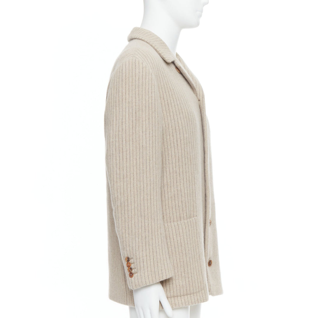 HERMES Angora Wool Cashgora beige verticle stripe knit boxy blazer FR48 M