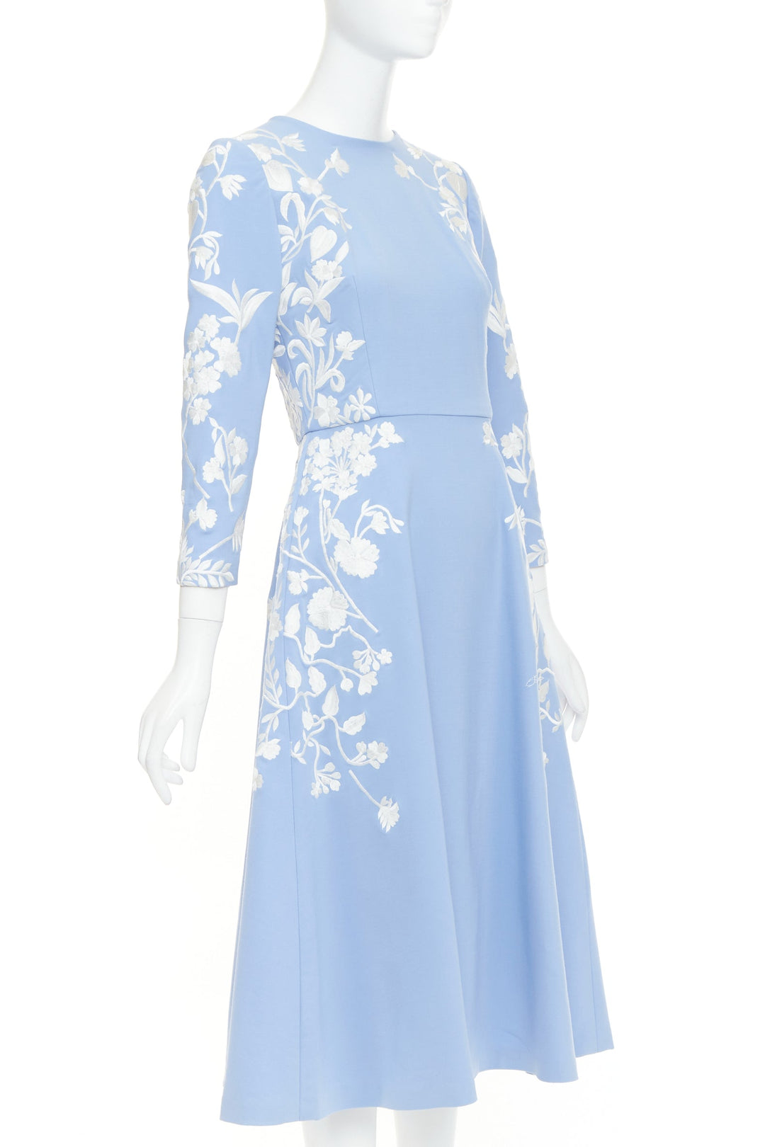 OSCAR DE LA RENTA 2019 blue white virgin wool floral embroidered dress US4 M
