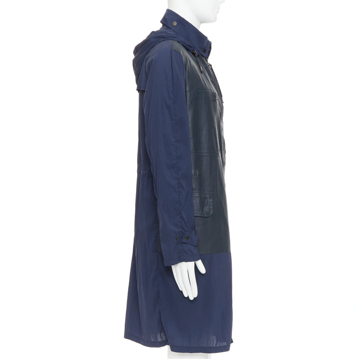LANVIN black leather panels navy lightweight nylon anorak coat FR48 M