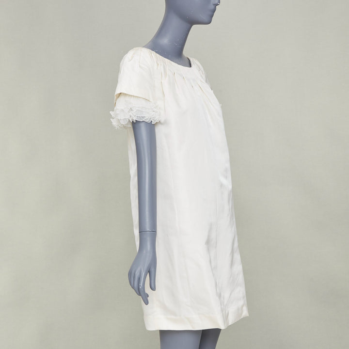 GIAMBATTISTA VALLI Bridal ruffle trim layered sleeve ivory shift dress IT40 XXS