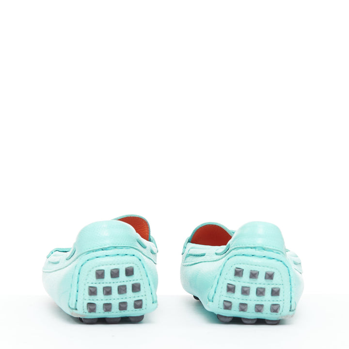 HERMES Irving cyan blue leather silver stud driving loafers EU35.5