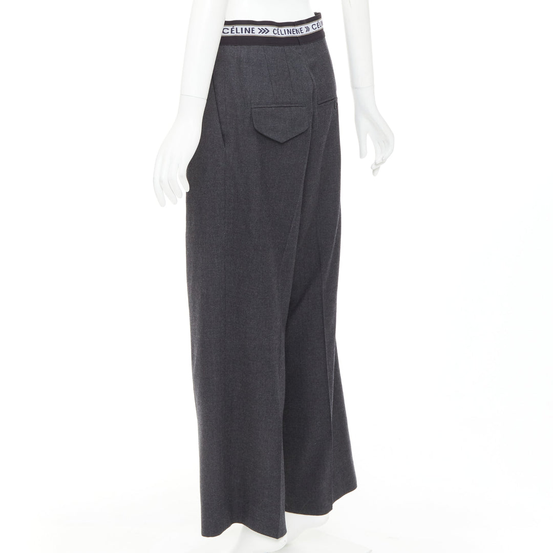 CELINE Phoebe Philo grey wool logo waistband wide leg trousers FR34 XS