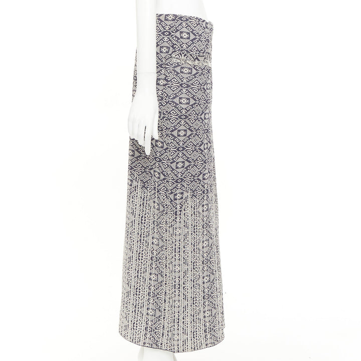 CHANEL 2014 blue cream CC geometric diamond jacquard frayed wrap skirt FR40 L