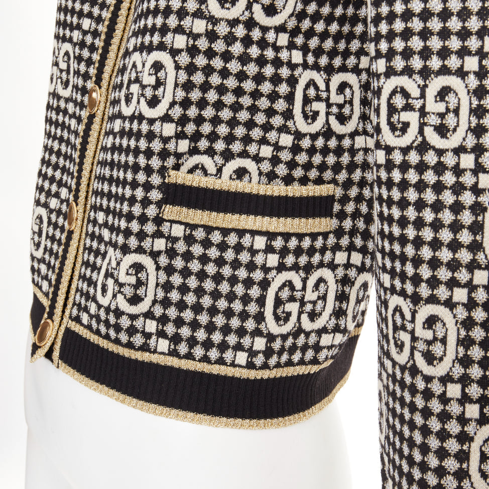 GUCCI 2019 GG Diamond black gold wool blend metallic web cropped cardigan XS