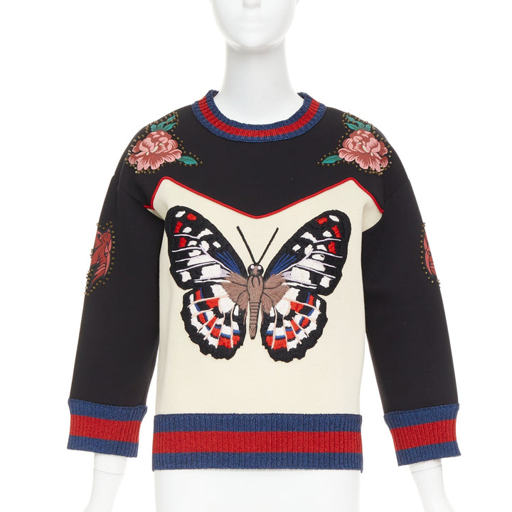 GUCCI 2016  cream black cotton Butterfly Embroidered studded sweatshirt XS