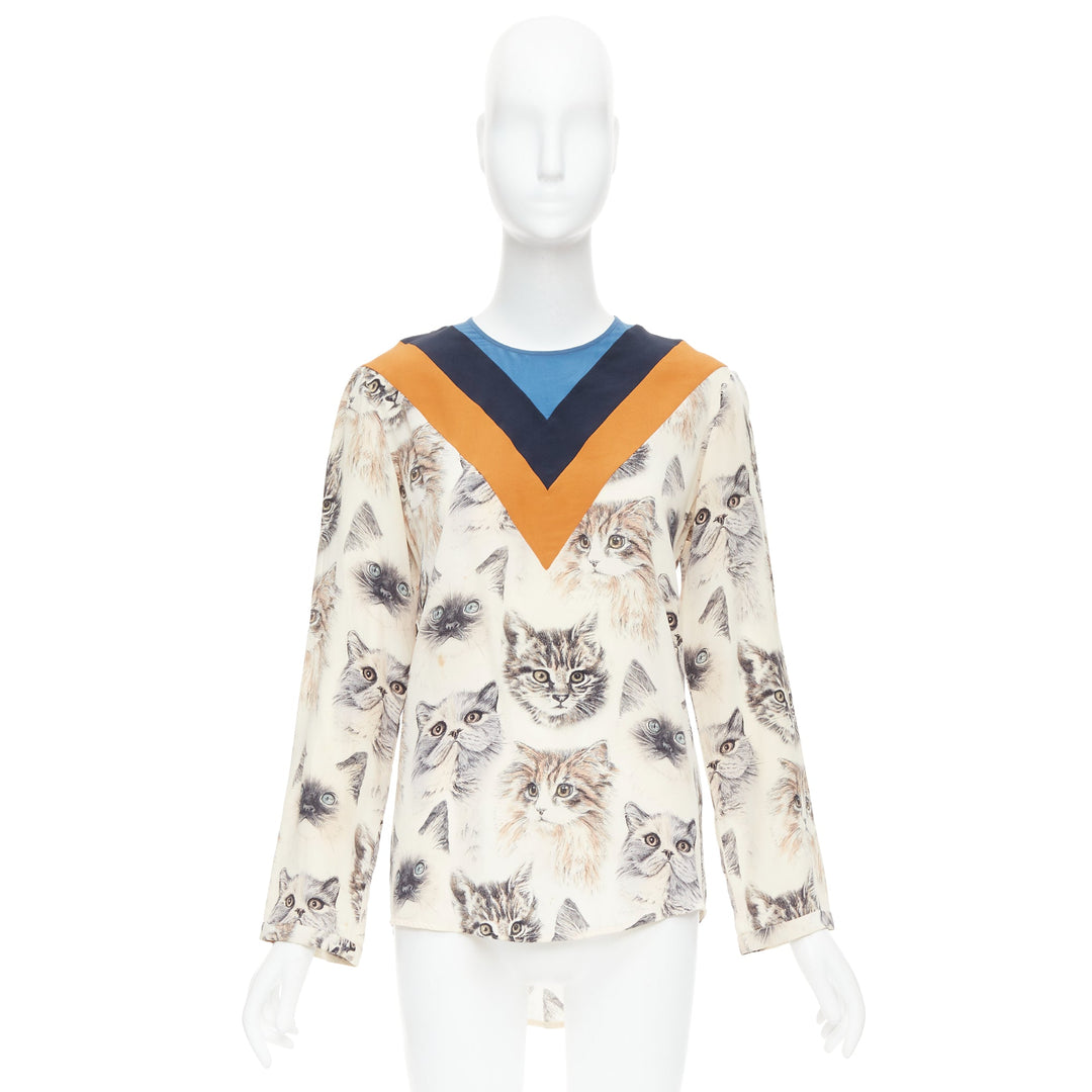 STELLA MCCARTNEY 2016 100% silk  beige orange cat print blouse IT38 XS