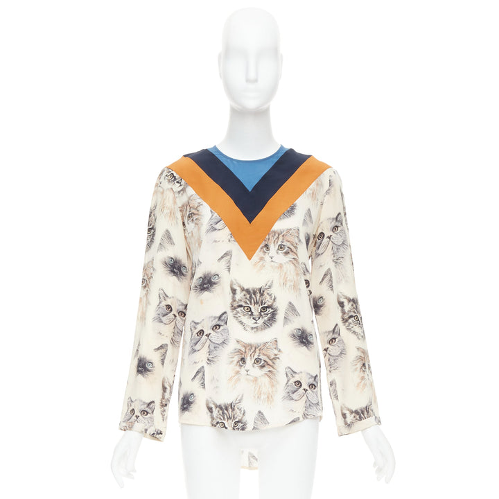 STELLA MCCARTNEY 2016 100% silk  beige orange cat print blouse IT38 XS