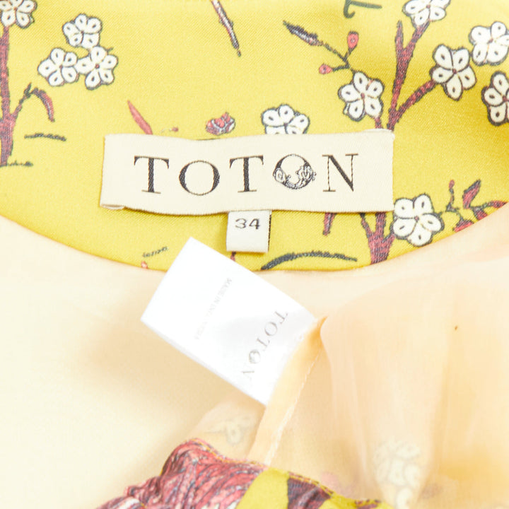 TOTON INDONESIA mustard yellow silk blend bird floral overcoat FR34 XS