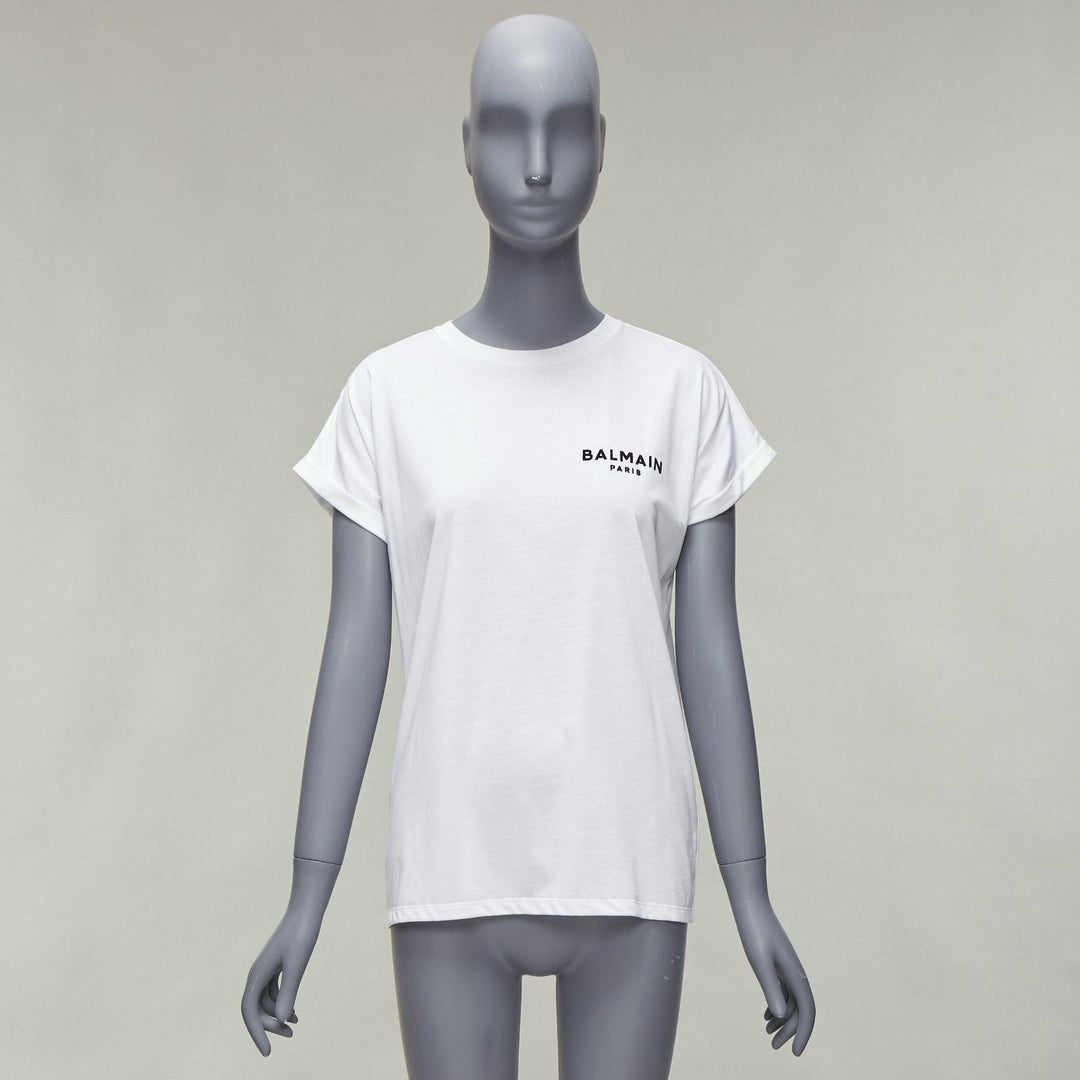 BALMAIN signature logo print cuffed sleeves white cotton tshirt XXS