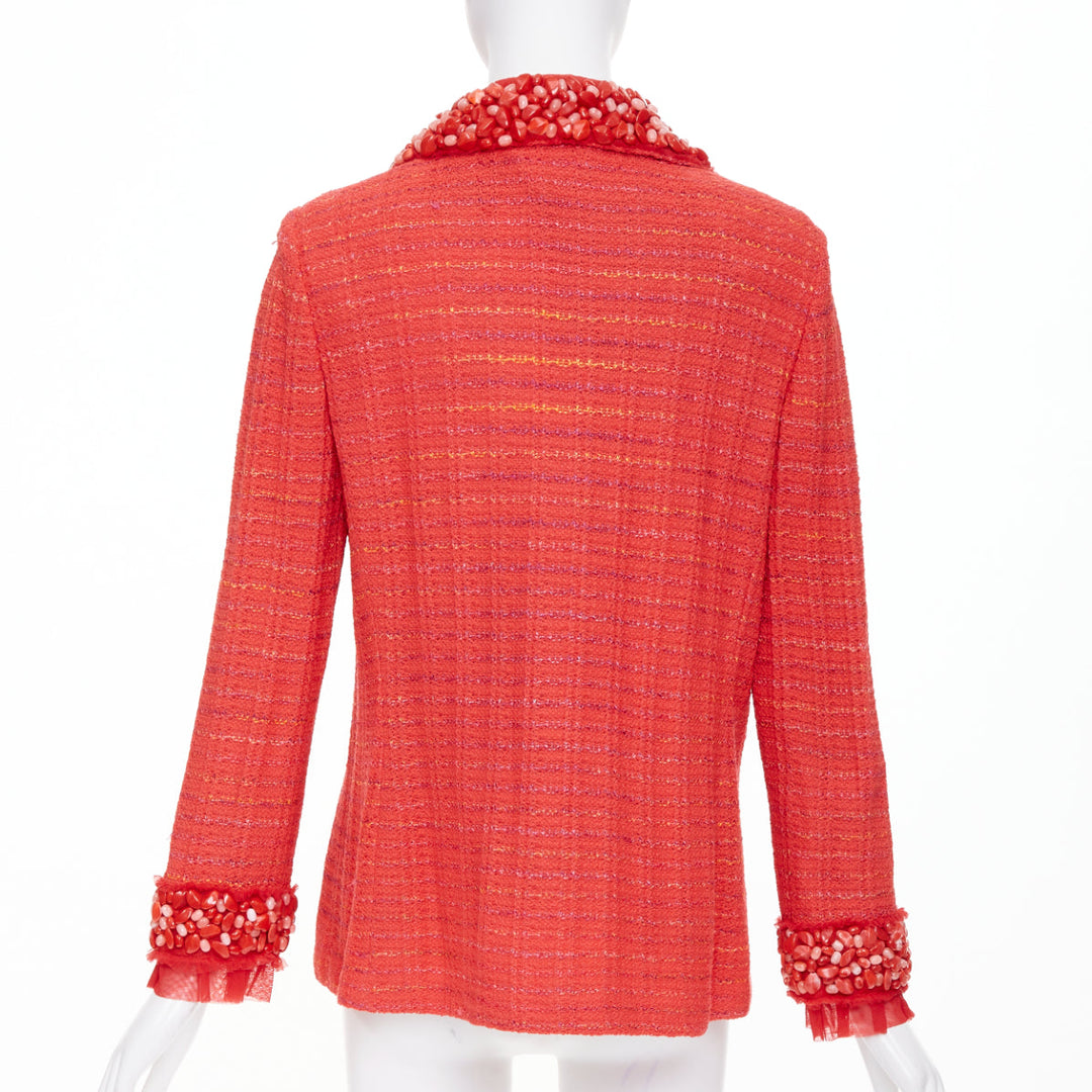 ST JOHN COUTURE red purple tweed stone embellished blazer US12 2XL