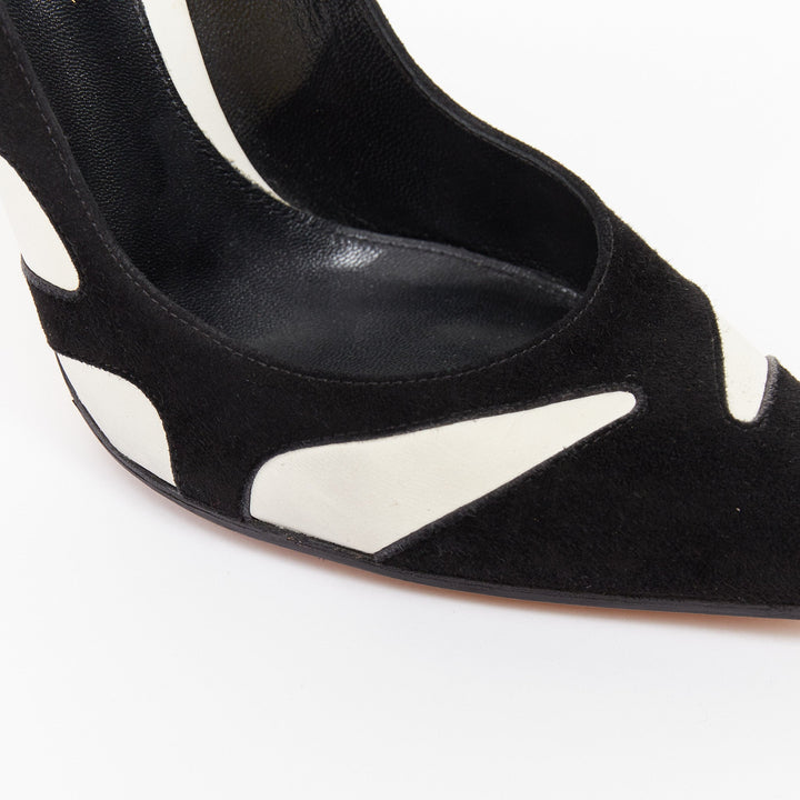 GIANVITO ROSSI black suede white leather wavy cutout stiletto pumps EU37.5