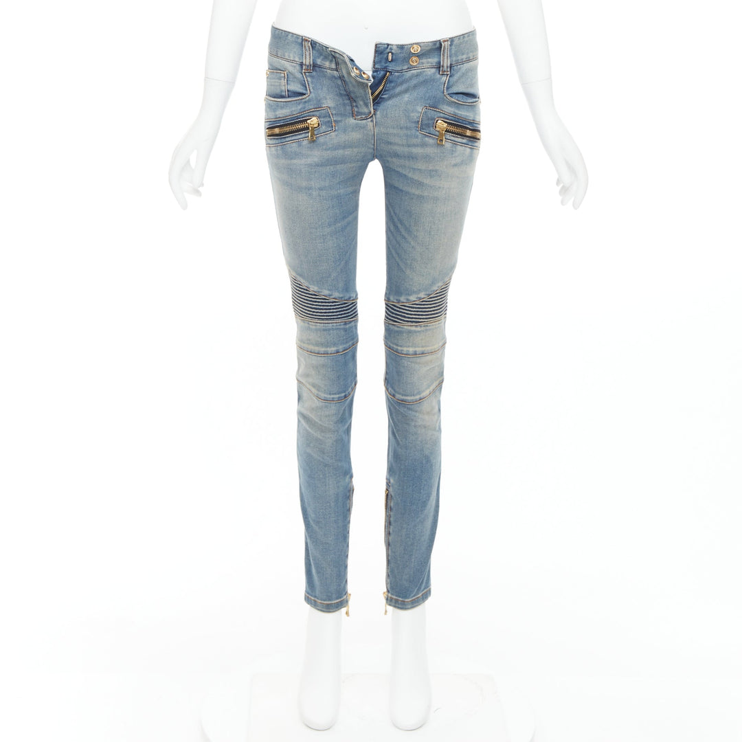 BALMAIN blue faded washed ribbed denim moto biker jeans FR36 S