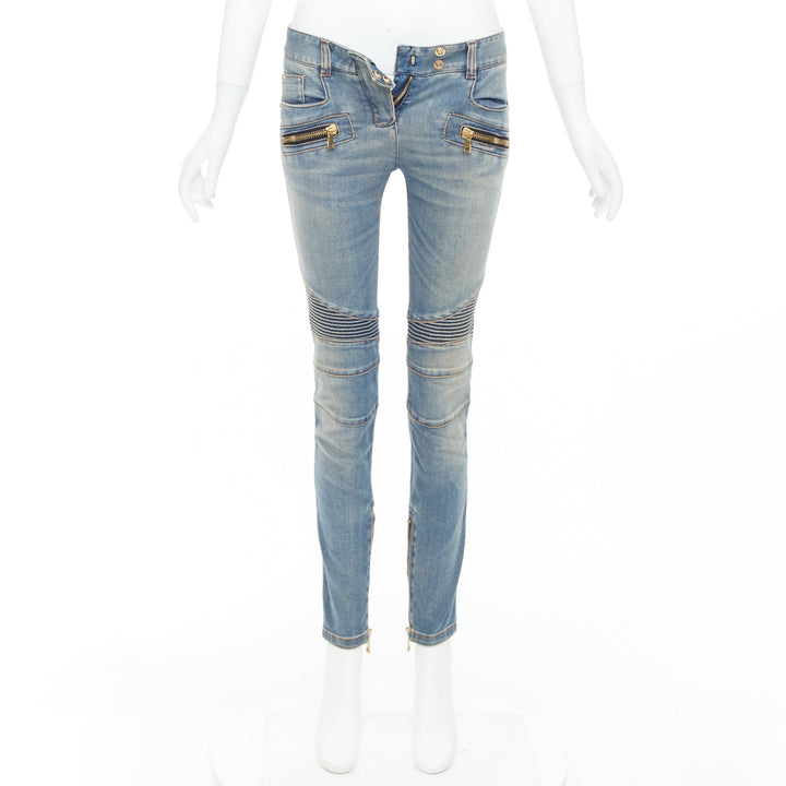 BALMAIN blue faded washed ribbed denim moto biker jeans FR36 S