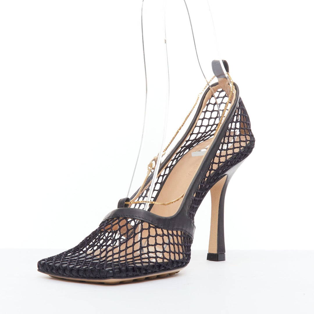 BOTTEGA VENETA Stretch black leather mesh net gold chain spool heels EU37