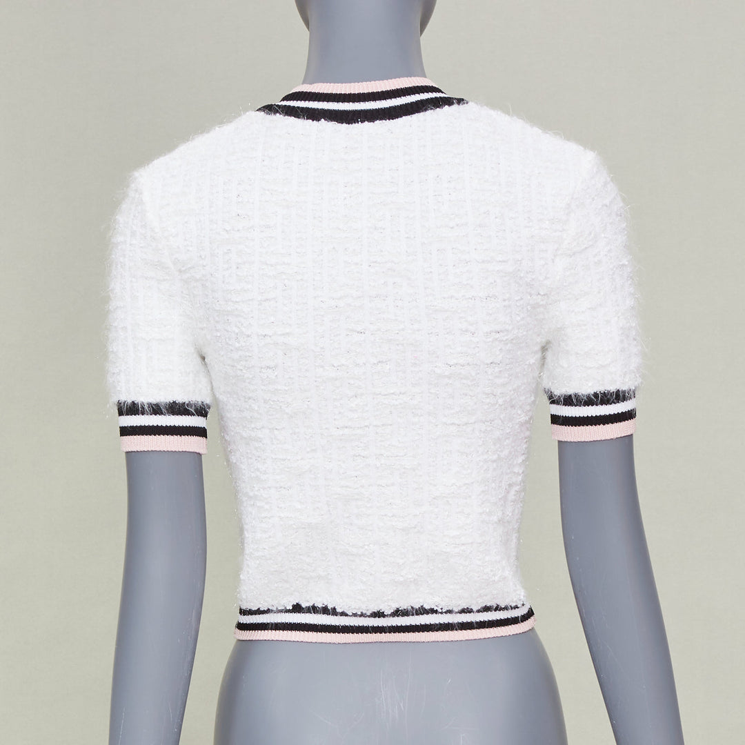 BALMAIN 2024 maze knit striped border short sleeve lion button cardigan FR34 XS