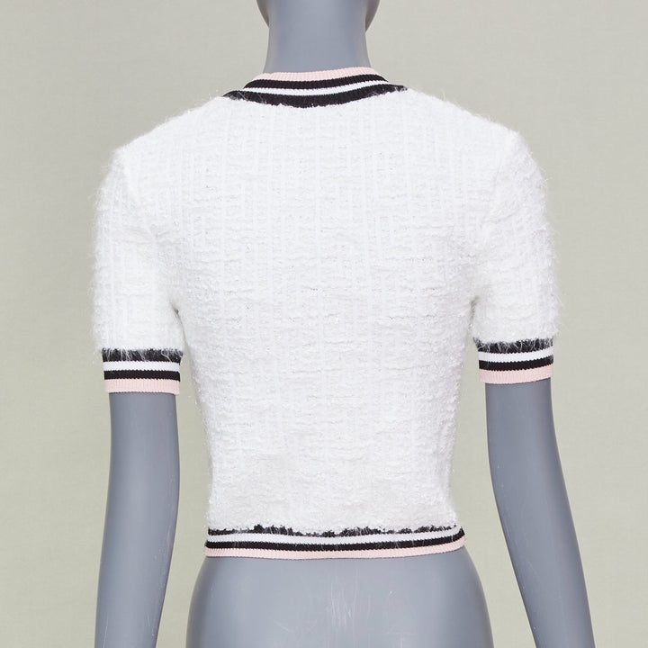 BALMAIN 2024 maze knit striped border short sleeve lion button cardigan FR34 XS