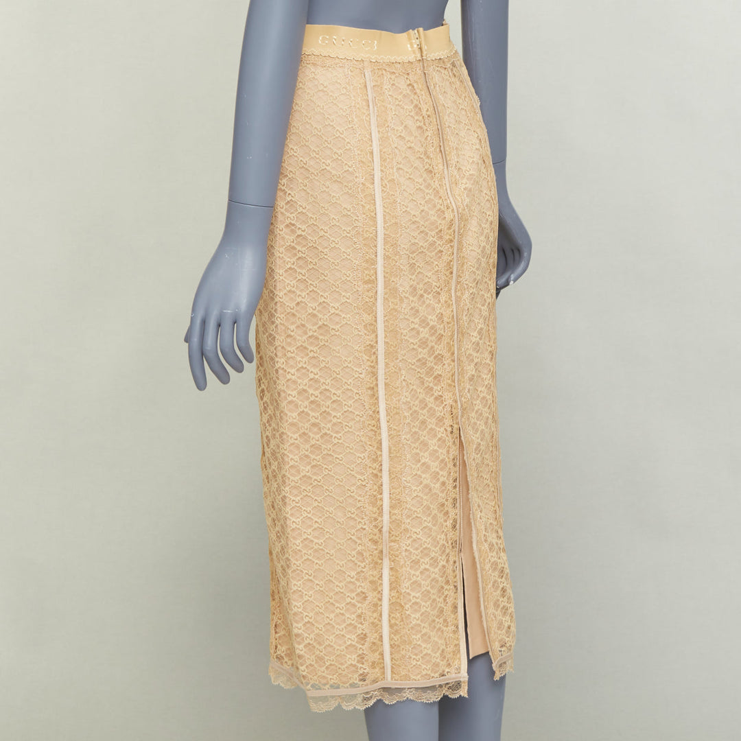 GUCCI 2022 Runway Aria beige nude GG mesh lace lingerie midi skirt S