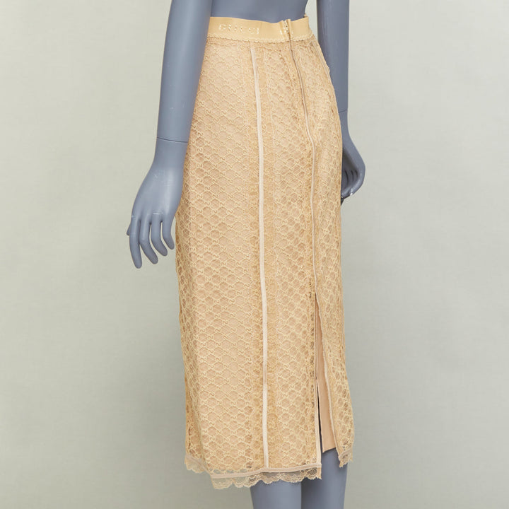 GUCCI 2022 Runway Aria beige nude GG mesh lace lingerie midi skirt M