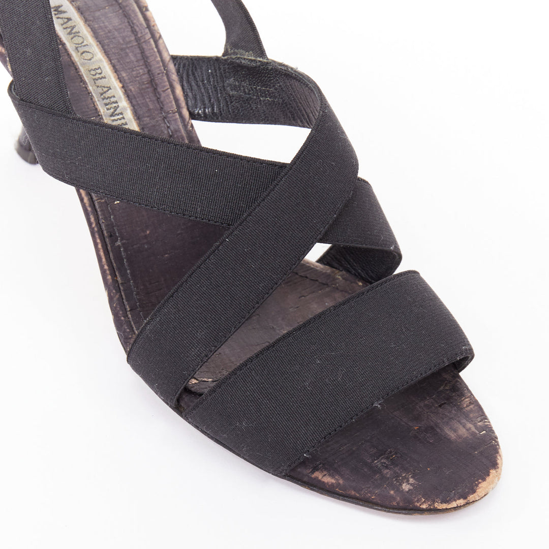 MANOLO BLAHNIK black elastic strap cork sole spool mid sandals EU37