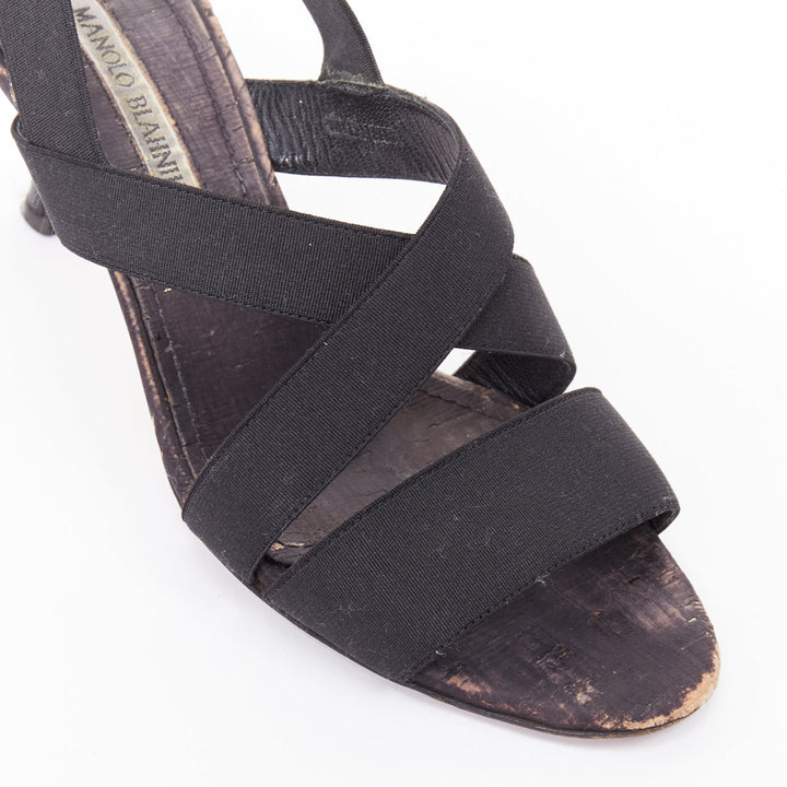 MANOLO BLAHNIK black elastic strap cork sole spool mid sandals EU37