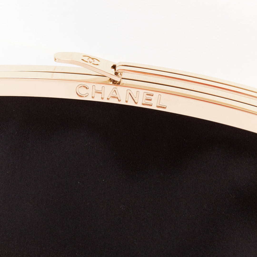 CHANEL Vintage black satin gold frame slide lock half moon evening clutch bag