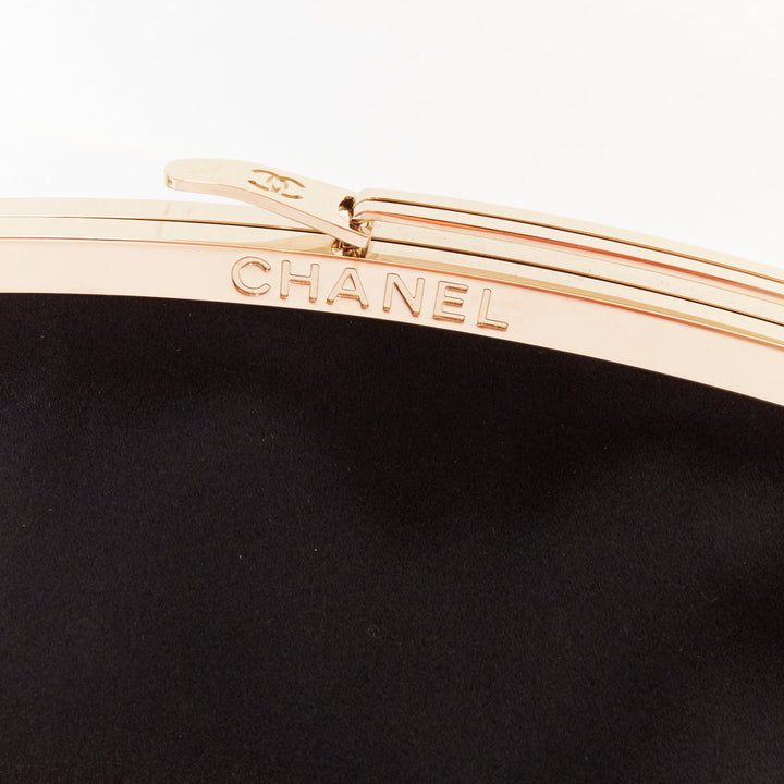 CHANEL Vintage black satin gold frame slide lock half moon evening clutch bag