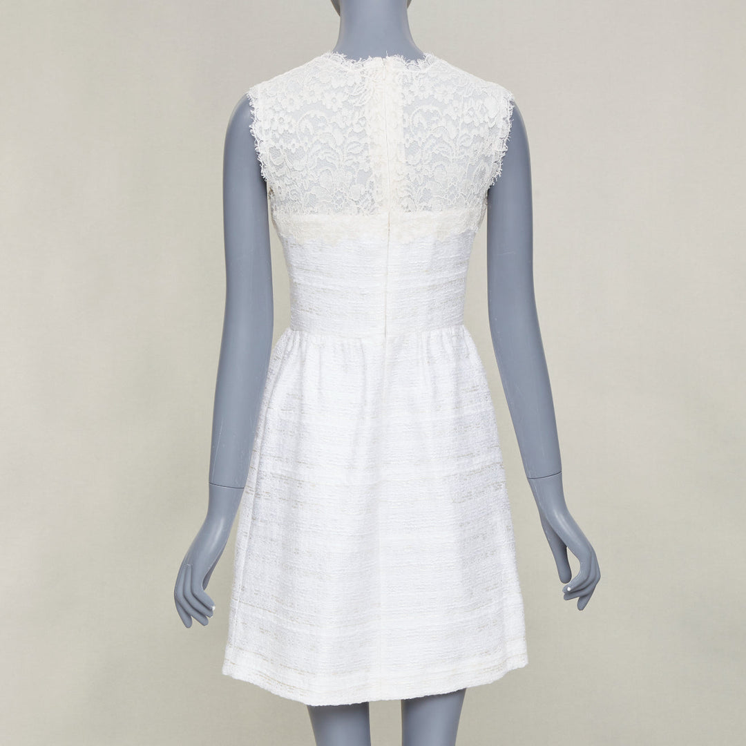 VALENTINO 2018 Bridal white sheer lace yoke tweed mixed mini dress IT40 S