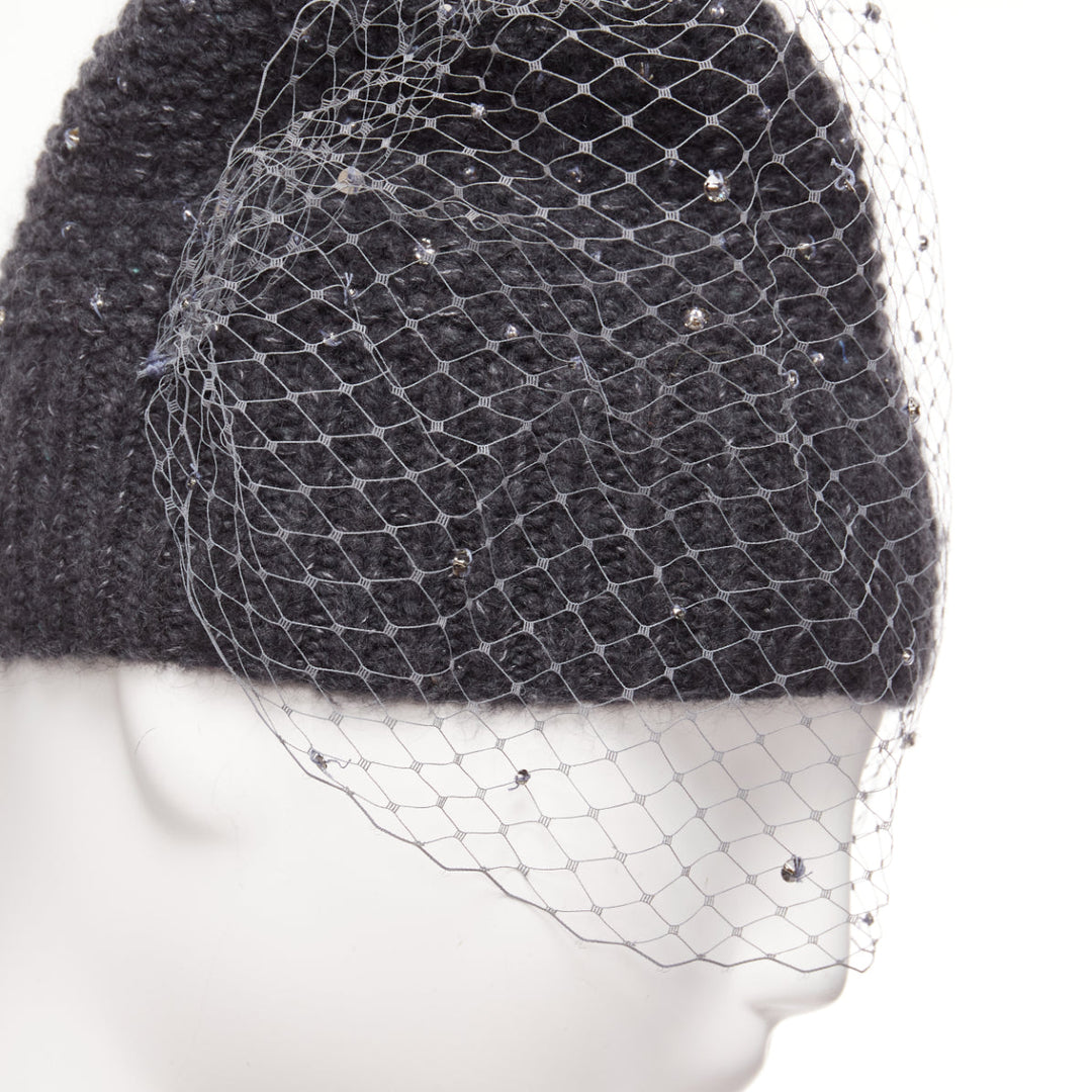 JENNIFER BEHR grey charcoal crystal beads veil round top beanie hat