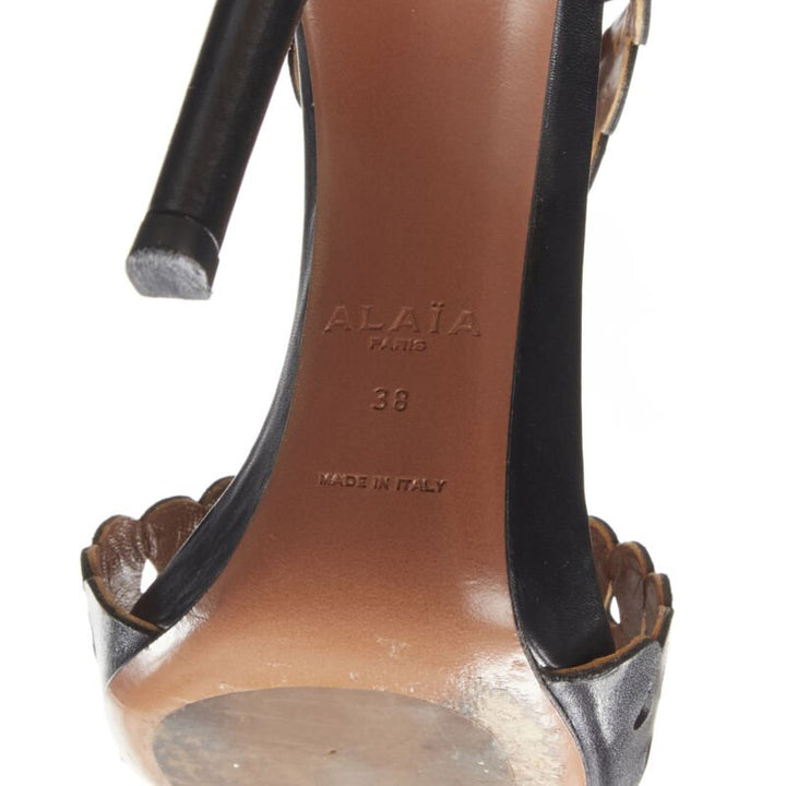 ALAIA black squiggle cut out raffia fringe platform high heel sandals EU38